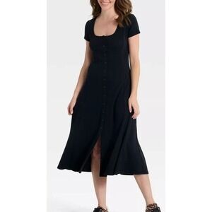 Universal Thread Women's Short Sleeve Knit Rib Button Midi Dress - Black - XS